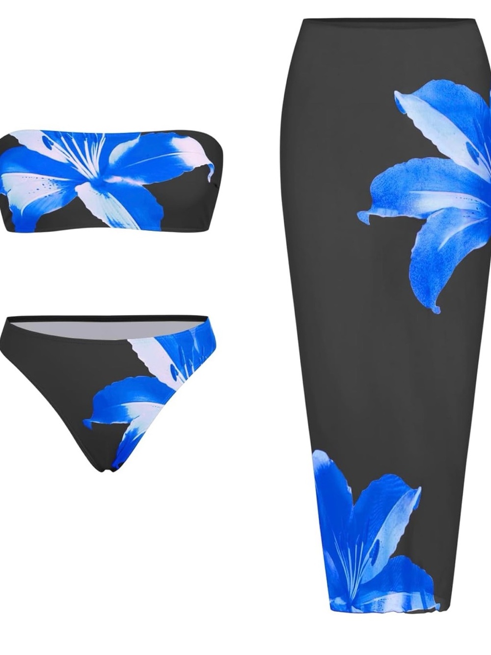 Black Bikini Set with Blue Floral Maxi Skirt